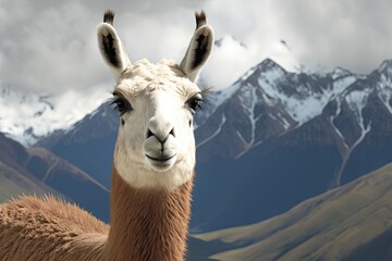 Canvas Print - Picture of a brown and white llama taken from the top of its head, with mountains in the background. Concentration solely on the llama's more interesting features. Generative AI