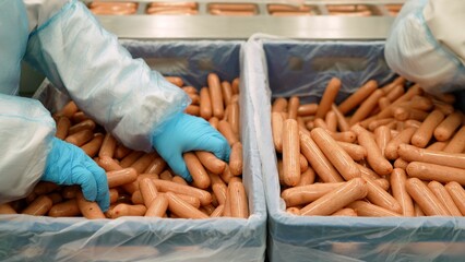 Meat processing plant.Production line of meat. Sausages are removed from the conveyor. Sausages are removed from the factory conveyor at the meat processing plant. Sausages are packed in a box.