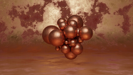 Poster - 3d rendering of a set of many balls made of metal, bronze with traces of rust on the surface. Metal background and traces of corrosion.