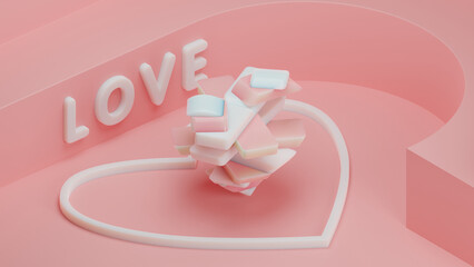 Poster - 3d rendering of a loving heart consisting of many pink and white segments. The segments are rotated in different directions, breaking the harmony and shape of the heart. Valentine's Day
