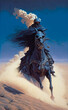 Knight in black armour charging through a desert dune, vintage fantasy fiction paperback style art.  Generative AI
