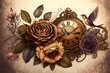 Steampunk Backround, Wallpaper Stil, Blumen und Blätter um eine Taschenuhr herum, alte Illustration