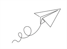 One Continuous Line Drawing Of Origami Paper Plane Flying. Flat Design. White Background. Single Line Draw Design Vector Illustration