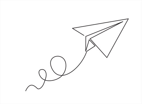 one continuous line drawing of origami paper plane flying. flat design. white background. single lin