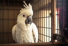 Cacatua Cockatoo Parrot, A White Domestic Parrot, In A Cage In A Coffee Shop. Cockatoo Parrot, A Small Tropical Bird With White Plumage And Black Eyes, As A House Pet In A Secure Cage. Generative AI
