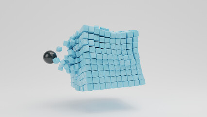 Poster - 3d rendering of an array of blue cubes assembled into a large cube. black sphere, core, punched an a