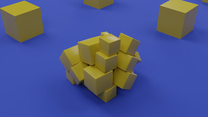 Wall Mural - 3d rendering of an array of yellow cubes on a dark blue background. The cubes are scattered in a mess. Next to the cubes are in strict order. An illustration of chaos and order.