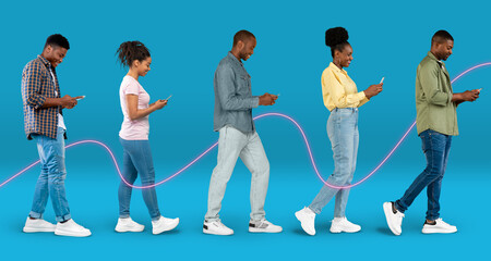 Wall Mural - Glad young african american people in casual typing on smartphones, going, watch video with connect line