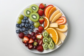 Sticker - Mango, oranges, kiwis, strawberries, blueberries, grapes, grapefruit, and bananas on a platter of raw fruit. Top view, shallow depth of field, apples on white plate on off white table. Generative AI