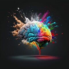a brain bursting out in colorful particles of creativity, canvas splatter powder black white background particles flow knowledge explosive idea Generative AI
