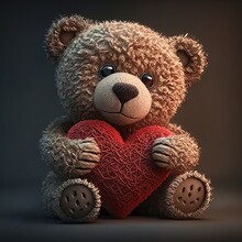 Cute Teddy Bear With A Red Heart In Its Paws. Valentine Plush Romantic Romance Mammal Bear Brown Embraces With Raised Soles Soft Fluffy Generative Ai 