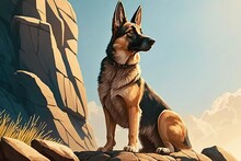 A German Shepherd Dog, Standing On A Stone In The Sun, Is Seen In A Close-up Vertical View. Generative AI