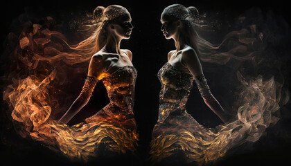 Wall Mural - abstract dance illustration, firedance, fire and flames, silhouette of fantasy magical dancing women