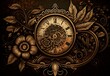 Steampunk Taschenuhr, goldene Farben, altes Ziffernblatt, floraler Stil um die Uhr herum, Wallpaper Hintergrund, kreative Illustration