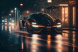 moderner Sportwagen im Regen, Spiegelung des Wassers vom Regen, Neonfarben bei Nacht, Abenddämmerung Illustration