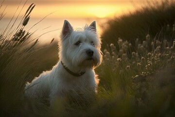 Canvas Print - Westie in the grass at dawn during the summer. Generative AI