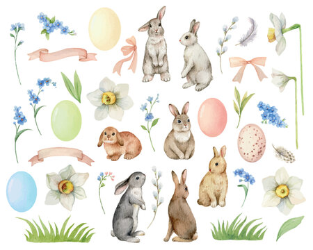 a set of vector watercolor easter elements in pastel colors.