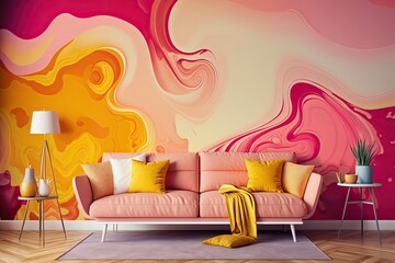 Canvas Print - Popular Pink Stunning Neon Watercolor Wallcoverings. Orange Sunrise Liquid splatter gradient in pastel hues. Fluid Peach Flow at Sunset Red Swirl Background. Yellow Flawless, color coordinated curves