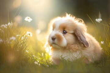 Canvas Print - Bokeh background with springtime grass and a cute small bunny. Cute baby bunny frolicking in the yard. Stunning dog in the park. Generative AI