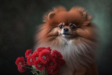 Poster - a photograph of a red pomeranian with a bouquet of flowers. generative ai