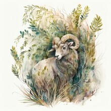 Ram Caught In Thicket, Watercolor-style Illustration [Generative AI]