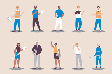 Poster - People work as engineers set in flat design. Men and women with helmets hold blueprints, architects, technician and builders. Bundle of diverse characters. Vector illustration isolated persons for web