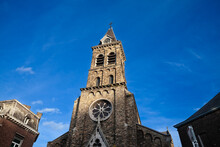 Eglise Des Notre Dame Des Anges Church In Liege, Belgium. It's A Parish Catholic Church, With Its Typical Clocktower Steeple.