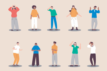 Unhappy and sad people set in flat design. Women and men express upset emotions, feeling depression and crying. Bundle of diverse multiracial characters. Vector illustration isolated persons for web