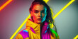 © ink drop - Portrait of a trendy young woman with bright clothing and bright neon lighting. Generative ai