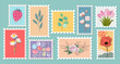 Set of post stamps with different flowers, leaves and design