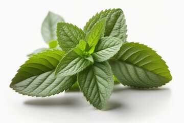 Canvas Print - Peppermint leaves. Crisp mint leaves against a white background. Fresh mint leaves on their own. Complete focus range. Generative AI