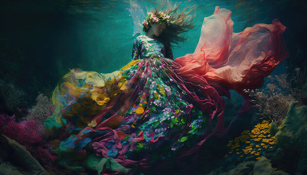 fantasy magic fairy, woman in colorful dress underwater, dance under the water, generative ai