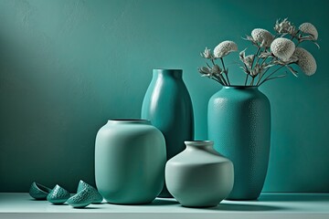Poster - Decorative ceramic vases on a plaster wall in a teal color scheme. Neutrally furnished showroom for product placement. Blank, minimalist, home architectural background. Generative AI