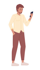Fototapete - Bearded man with hand in pocket holding phone semi flat color vector character. Editable figure. Full body person on white. Simple cartoon style spot illustration for web graphic design and animation