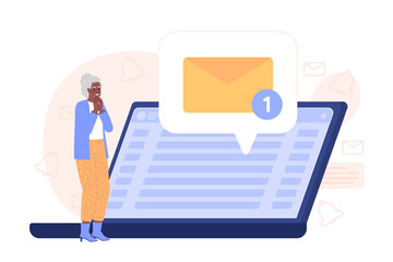 Poster - Getting email on laptop flat concept vector spot illustration. Editable 2D cartoon character on white for web design. Senior citizen using e mail account creative idea for website, mobile, magazine