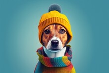 Colorful Background Featuring A Cute Dog Wearing A Warm Hat. Seasonal Heating As A Concept. Generative AI
