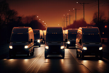 fleet of delivery vans on highway at dusk - generative ai