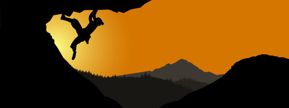 Fototapete - Climb background panorama illustration vector illustration for logo  - Silhouette of mountains forest woods in the sunrise morning and woman climbing on rock , mountain landscape