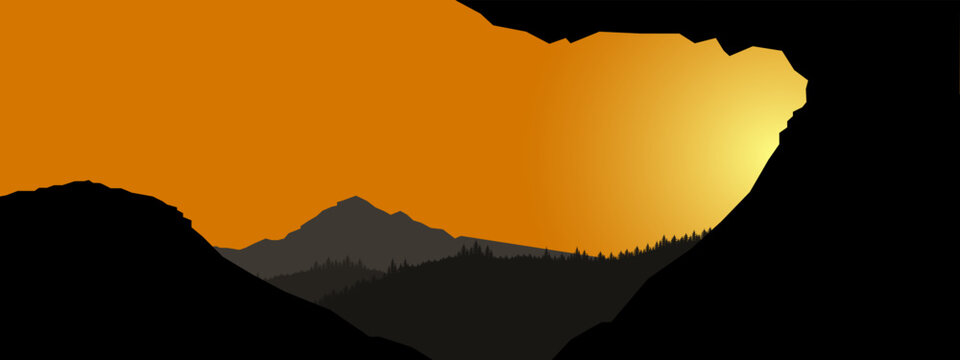 Fototapete - Mountain landscape view - Sunrise morning wood panorama, fir and spruce trees and mountains silhouette. Vector forest hiking adventure background