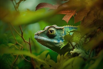 Poster - One may make out the chameleon's head through the dense foliage. One sided concentration. Limited field of focus. Focus blur. Generative AI