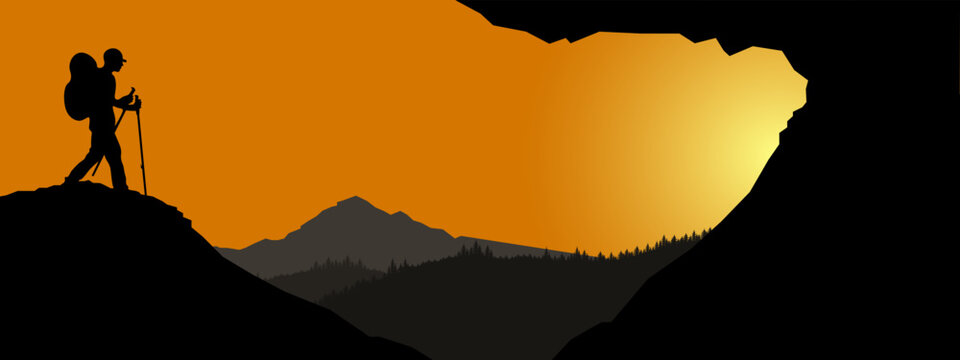 Fototapete - Silhouette of hiker hiking man in the mountains landscape panorama background, sunrise sunset sunset illustration icon vector for logo hiking adventure wildlife
