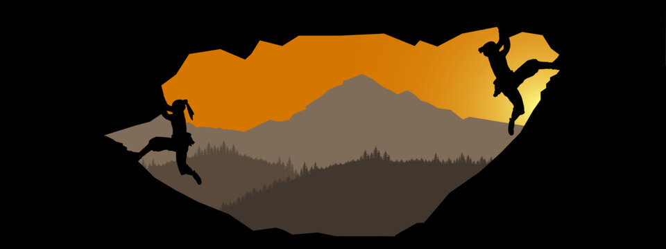 Fototapete - Climb background panorama illustration vector illustration for logo  - Silhouette of mountains forest woods in the sunrise morning and woman climbing on rock , mountain landscape