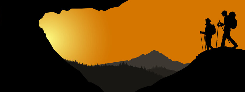 Fototapete - Silhouette of hiker hiking man and woman in the mountains landscape panorama background, sunrise sunset sunset illustration icon vector for logo hiking adventure wildlife
