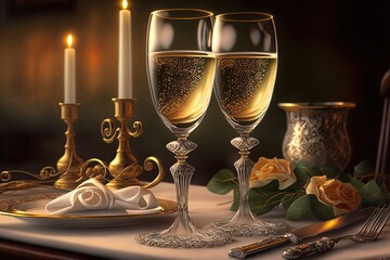 Sticker - Champagne toasts for the holidays and ringing in the New Year. A table set for the New Year's celebration. Two flutes of champagne, in a classic style. Generative AI