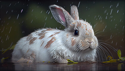 Wall Mural - Wet cute rabbit sitting on grass after a rain shower.