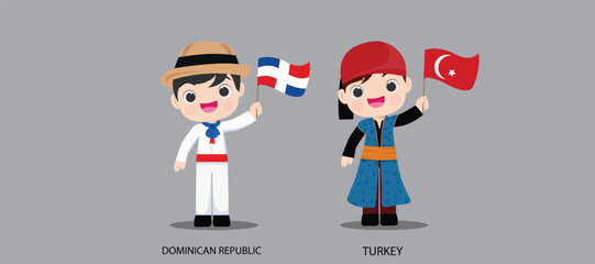 Wall Mural - People in national dress.Dominican Republic,Turkey,Set of pairs dressed in traditional costume. National clothes. Vector illustration.