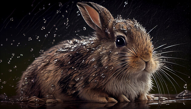 Wet cute rabbit sitting on grass after a rain shower.