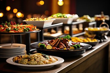 Wall Mural - party eats and tableware set out on a buffet. the idea behind setting up banquets. Food service and restaurant management. Generative AI