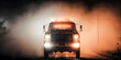 A Gloomy truck appears on the horizon, its headlights piercing through the fog - generative ai.