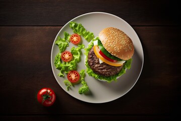 Poster - Top view of a beef burger topped with lettuce, tomatoes, and a white plate. Generative AI